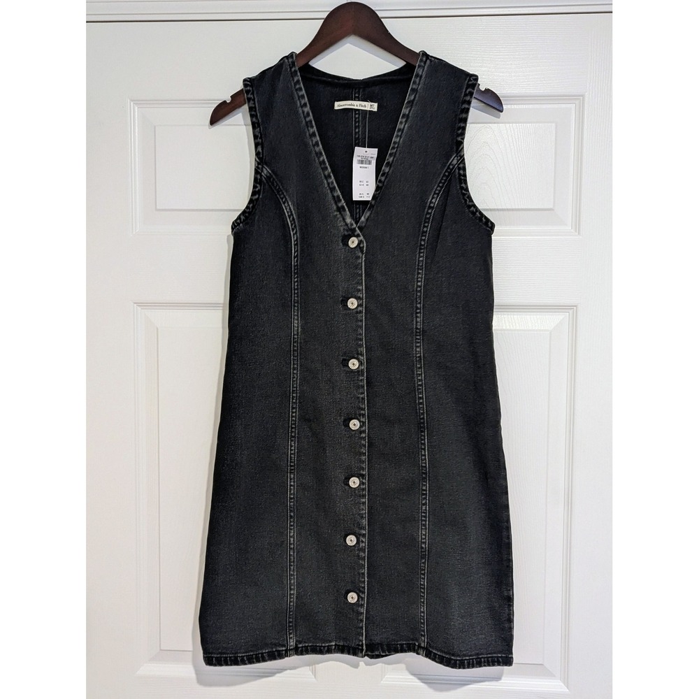 NWT Abercrombie & Fitch Washed Black Denim Button-Front Mini Dress Medium Tall